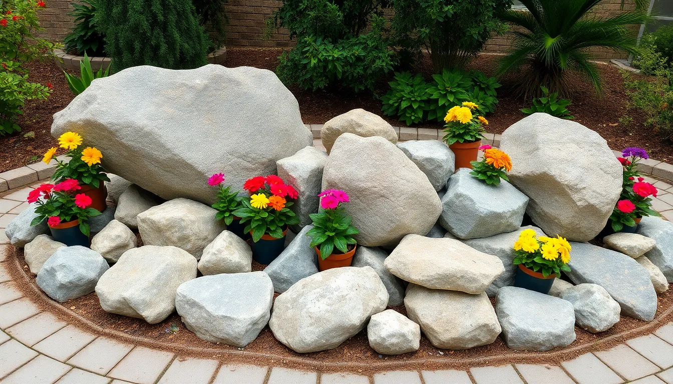 Rock Flower Beds with Potted Plants: Easy Low-Maintenance Garden Design Ideas 8 Rock Flower Beds with Potted Plants: Easy Low-Maintenance Garden Design Ideas 7