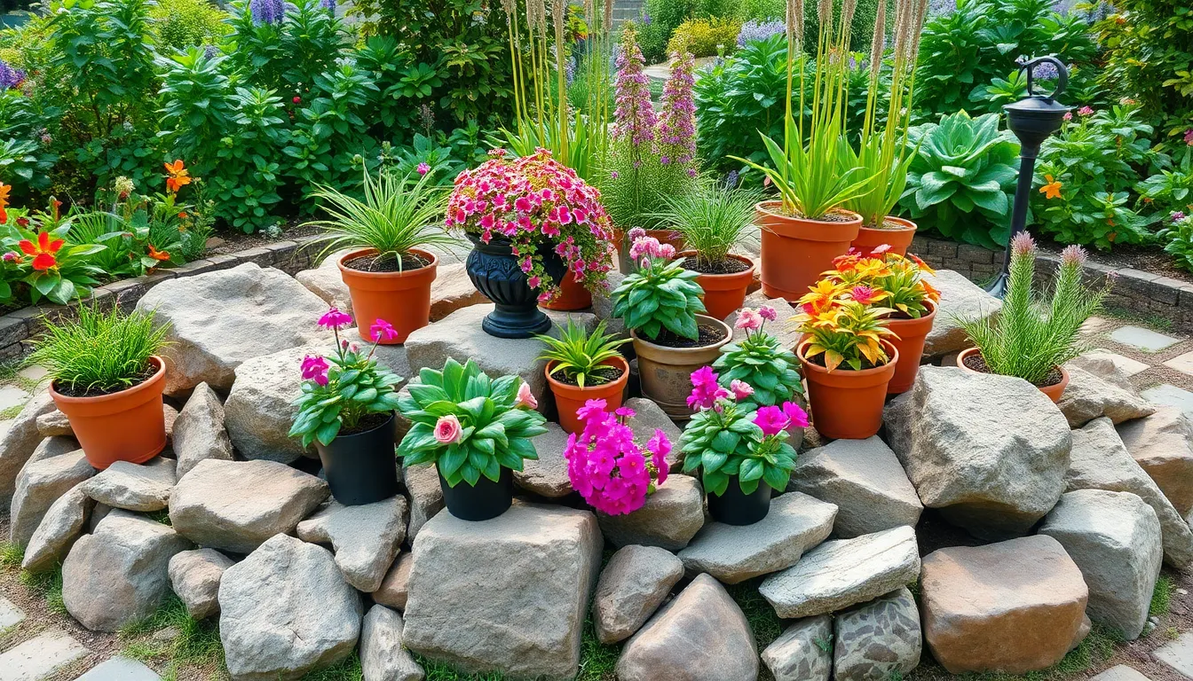 Rock Flower Beds with Potted Plants: Easy Low-Maintenance Garden Design Ideas 10 Rock Flower Beds with Potted Plants: Easy Low-Maintenance Garden Design Ideas 9