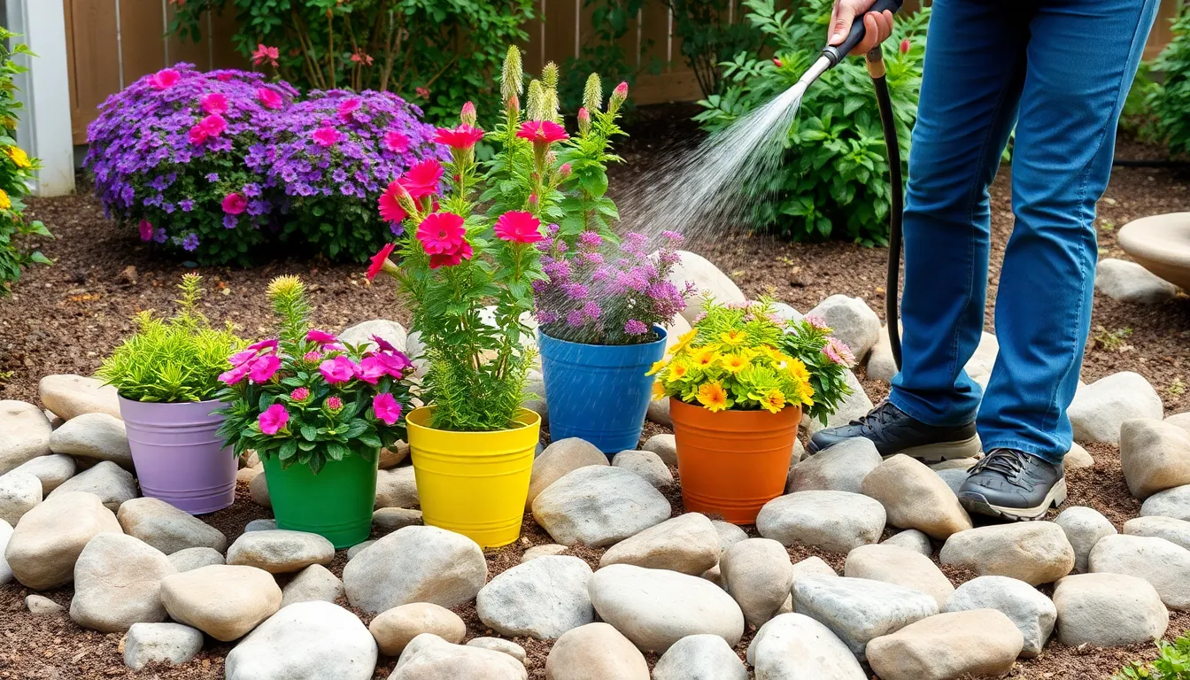 Rock Flower Beds with Potted Plants: Easy Low-Maintenance Garden Design Ideas 12 Rock Flower Beds with Potted Plants: Easy Low-Maintenance Garden Design Ideas 11