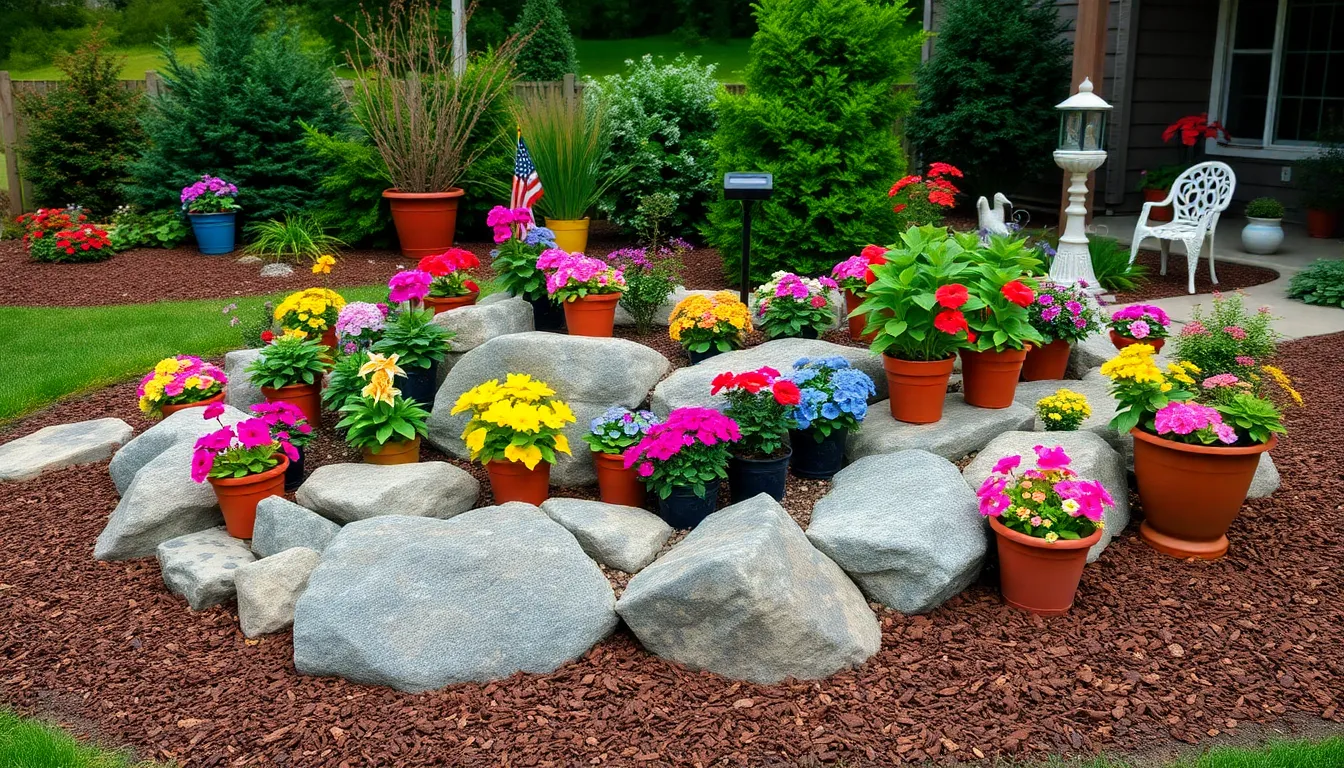 Rock Flower Beds with Potted Plants: Easy Low-Maintenance Garden Design Ideas 14 Rock Flower Beds with Potted Plants: Easy Low-Maintenance Garden Design Ideas 13