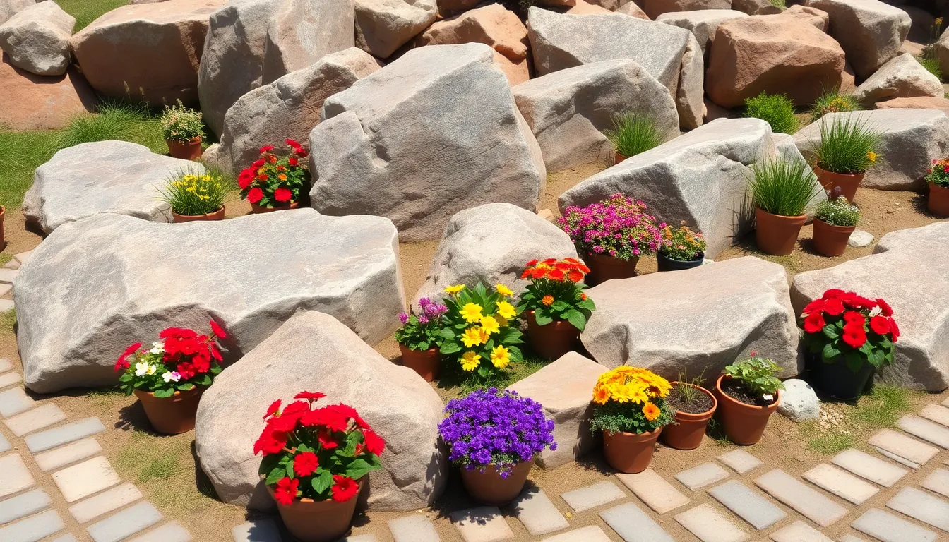 Rock Flower Beds with Potted Plants: Easy Low-Maintenance Garden Design Ideas 2 Rock Flower Beds with Potted Plants: Easy Low-Maintenance Garden Design Ideas 1