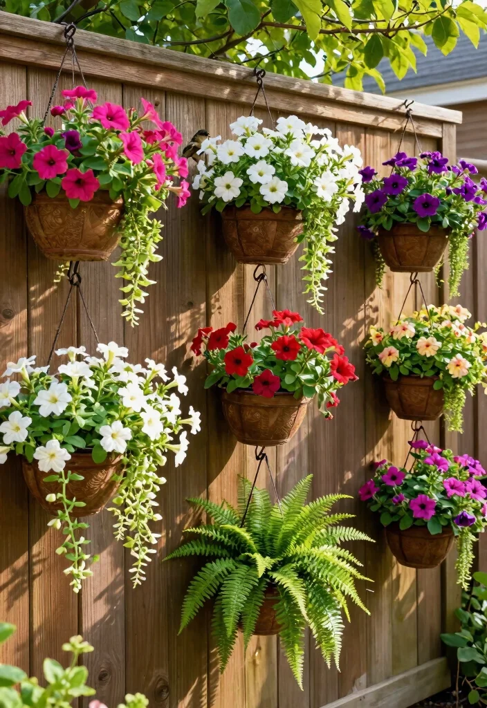 10 Along Fence Ideas to Maximize Border Planting Space 3. Hanging Baskets 0