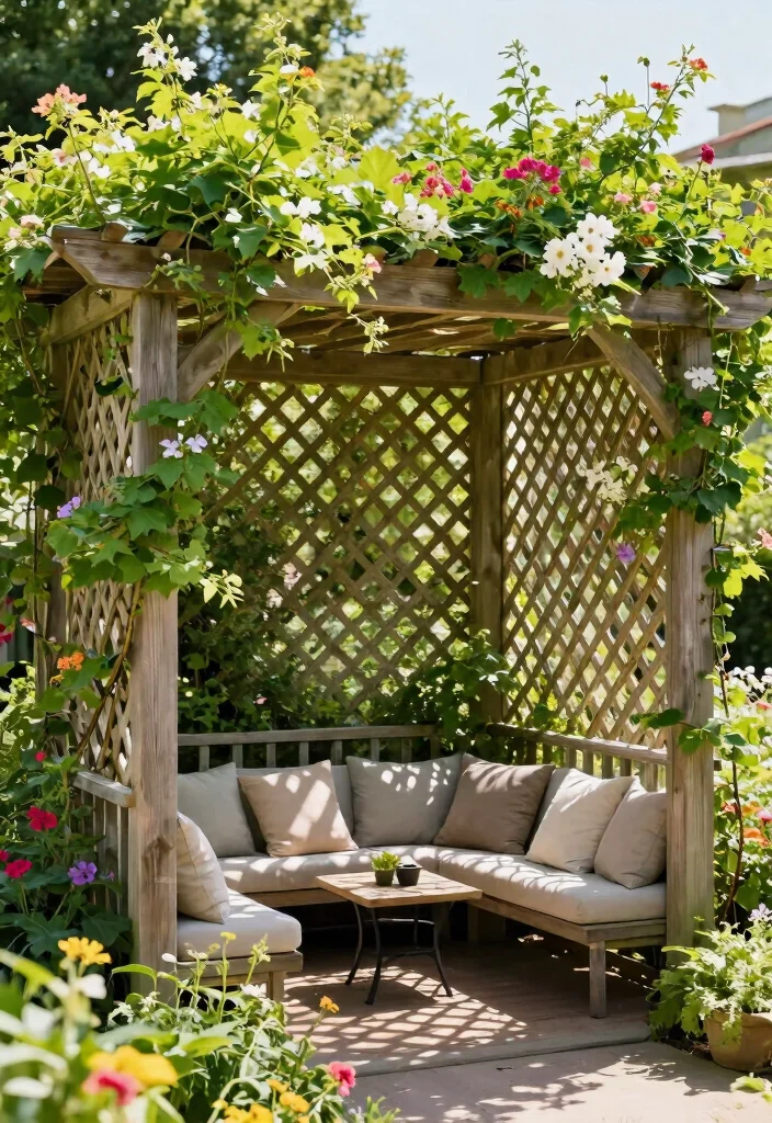 10 Angled Pergola Ideas for Modern Backyard Design 5 10 Angled Pergola Ideas for Modern Backyard Design 5. Lattice Pergola with Climbing Plants 0