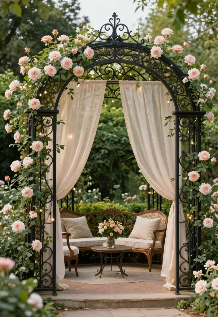10 Arched Pergola Ideas for Elegant Garden Structure 4. Vintage Elegance with Ironwork 0