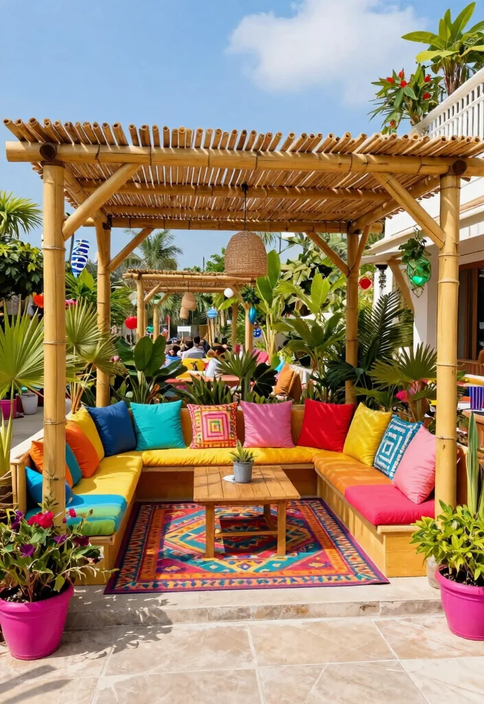 10 Bamboo Pergola Ideas for Natural Shade and Privacy - 7. Colorful Accents Bamboo Pergola 1