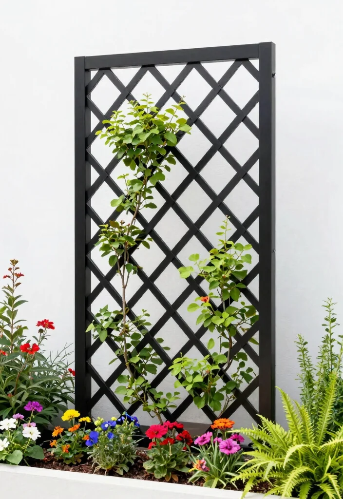 10 Black Trellis Ideas for Modern Garden Contrast 3. Geometric Patterns for Modern Appeal 0