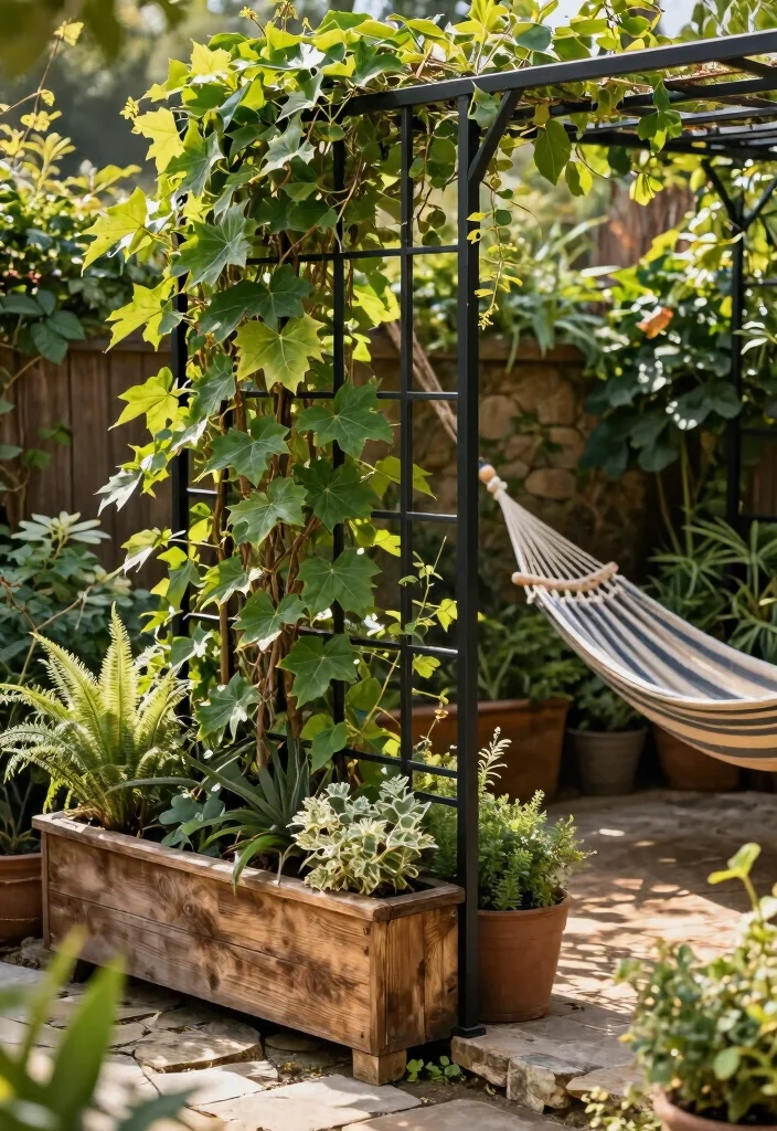 10 Black Trellis Ideas for Modern Garden Contrast 7. Mixing Materials for Unique Textures 0