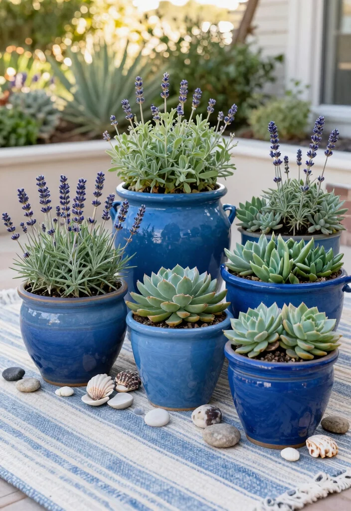 10 Blue Patio Ideas for Fresh and Coastal Style Spaces - 1. Coastal-Inspired Container Gardens 1
