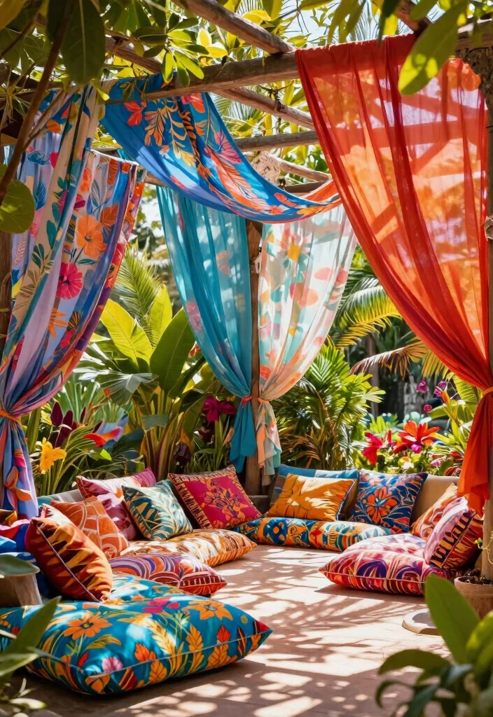 10 Boho Pergola Ideas for Relaxed Outdoor Styling - 2. Tropical Vibes with Colorful Fabrics 1