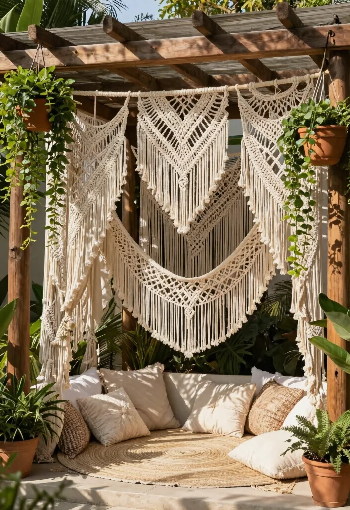 10 Boho Pergola Ideas for Relaxed Outdoor Styling - 3. Bohemian Textures with Macramé 1