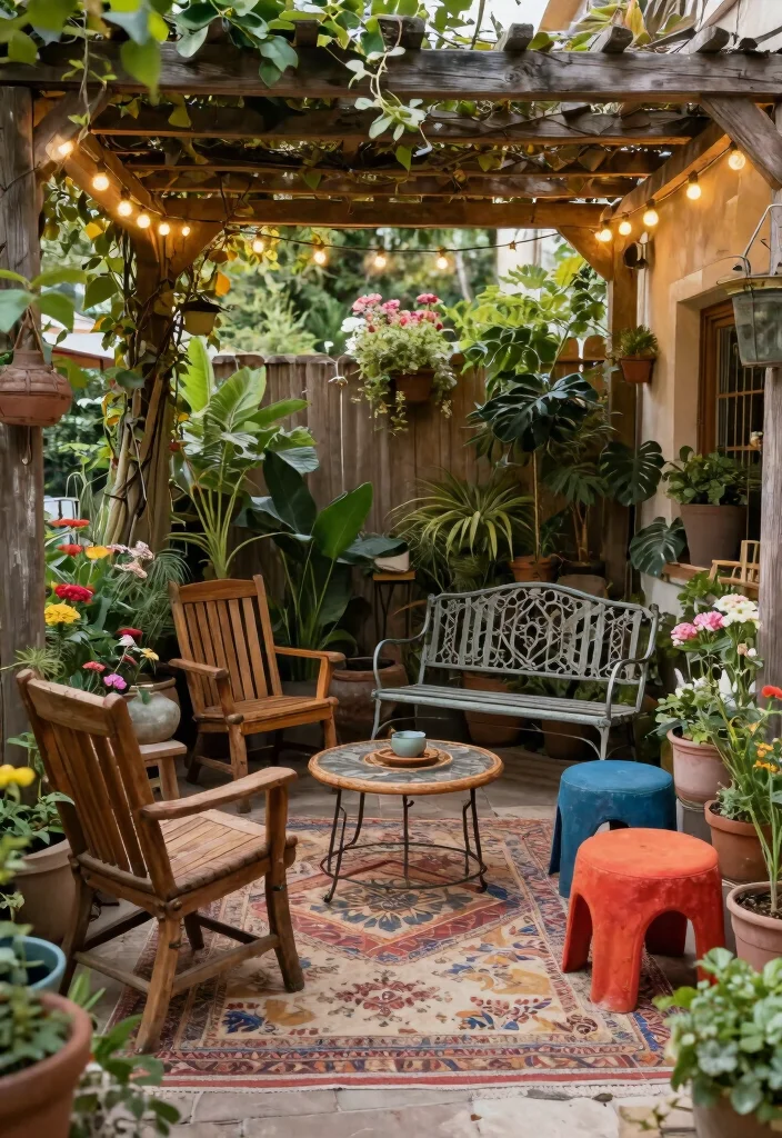 10 Boho Pergola Ideas for Relaxed Outdoor Styling - 8. Mismatched Furniture for Eclectic Style 1
