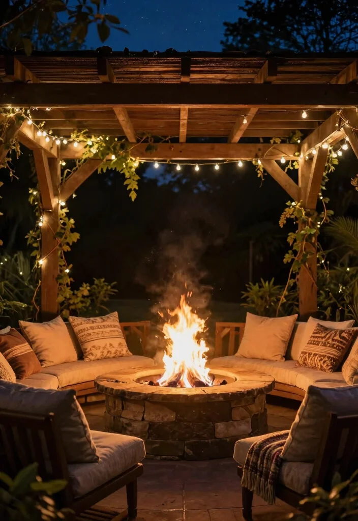 10 Boho Pergola Ideas for Relaxed Outdoor Styling - 9. Incorporate a Fire Pit for Cozy Evenings 1