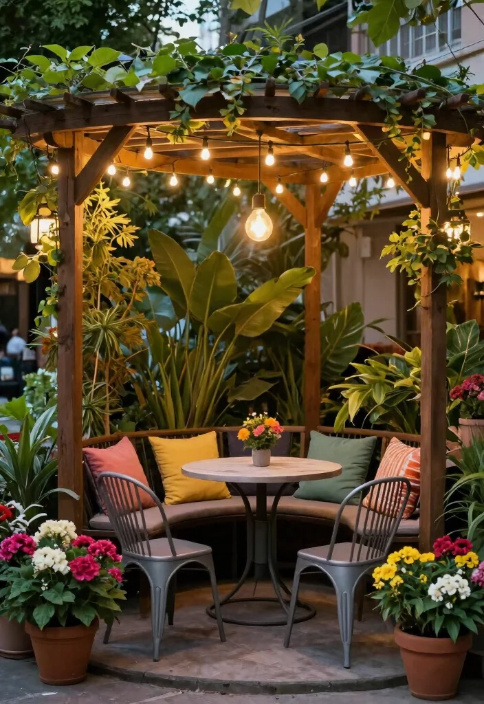 10 Corner Garden Pergola Ideas for Compact Yard Layouts - 2. Cozy Cafe Corner Pergola 1