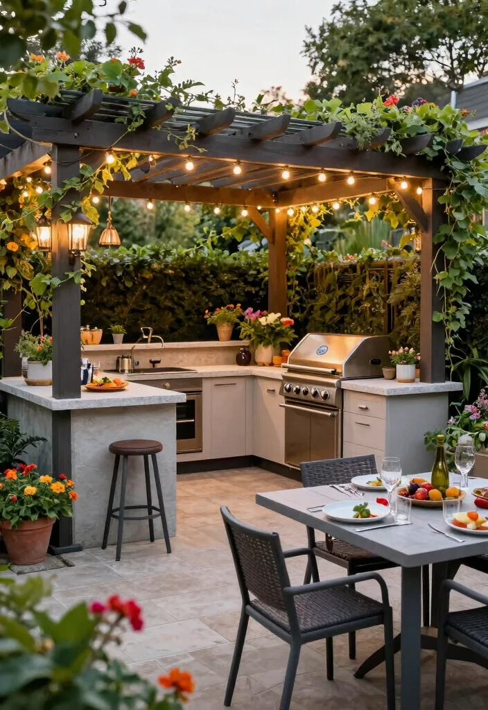 10 Corner Garden Pergola Ideas for Compact Yard Layouts - 8. Pergola with Outdoor Kitchen 1