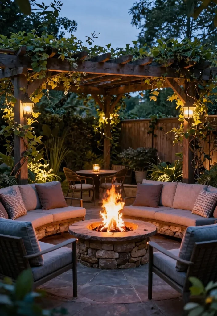 10 Corner Garden Pergola Ideas for Compact Yard Layouts - 9. Pergola with Fire Pit Area 1