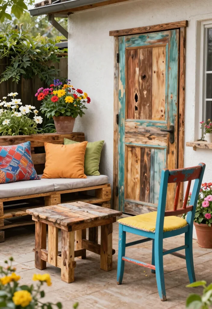 10 Cottage Garden Patio Ideas for Soft and Charming Design - 9. Upcycled Garden Furniture 1