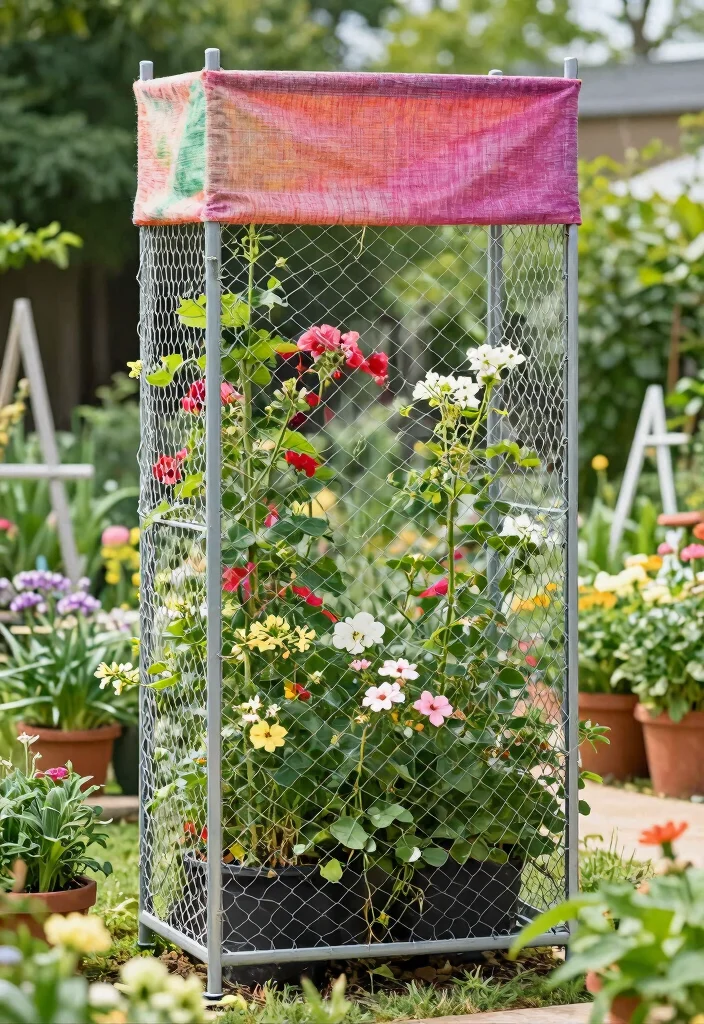 10 Dollar Tree Trellis Ideas for Budget Friendly Garden Support - 8. Fabric and Chicken Wire Trellis 1