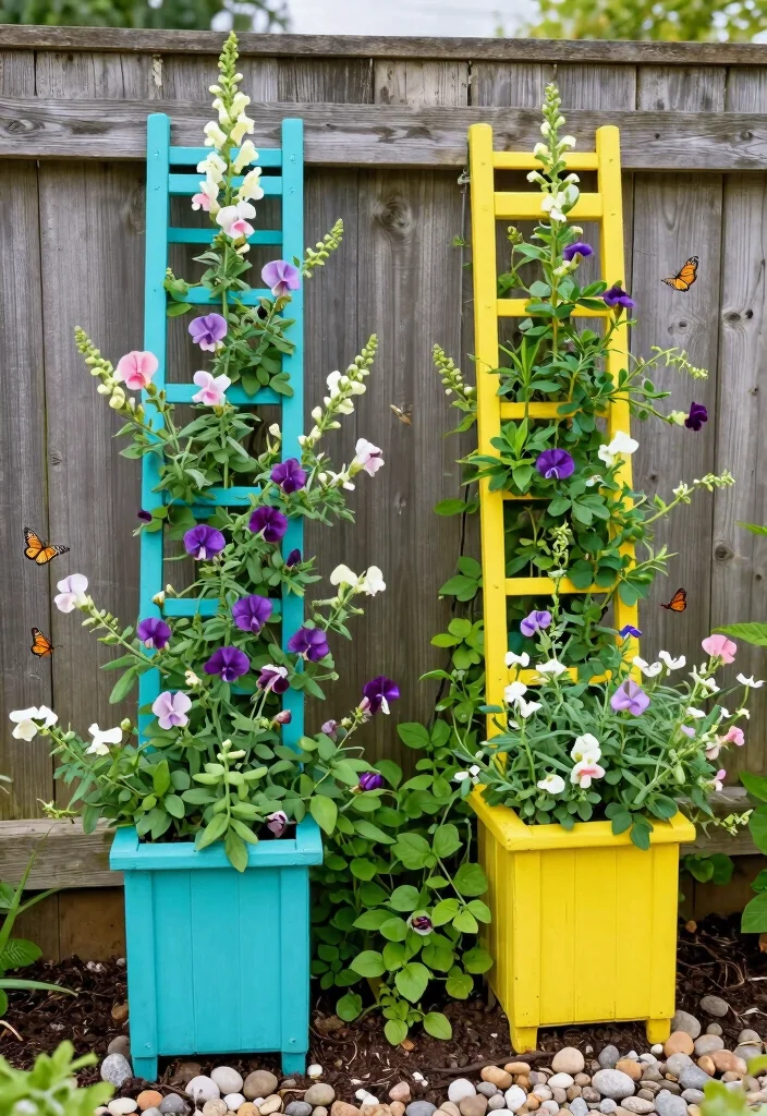 10 Flower Fence Ideas to Add Color Along Garden Borders 8. Colorful Vertical Trellis Planters 0