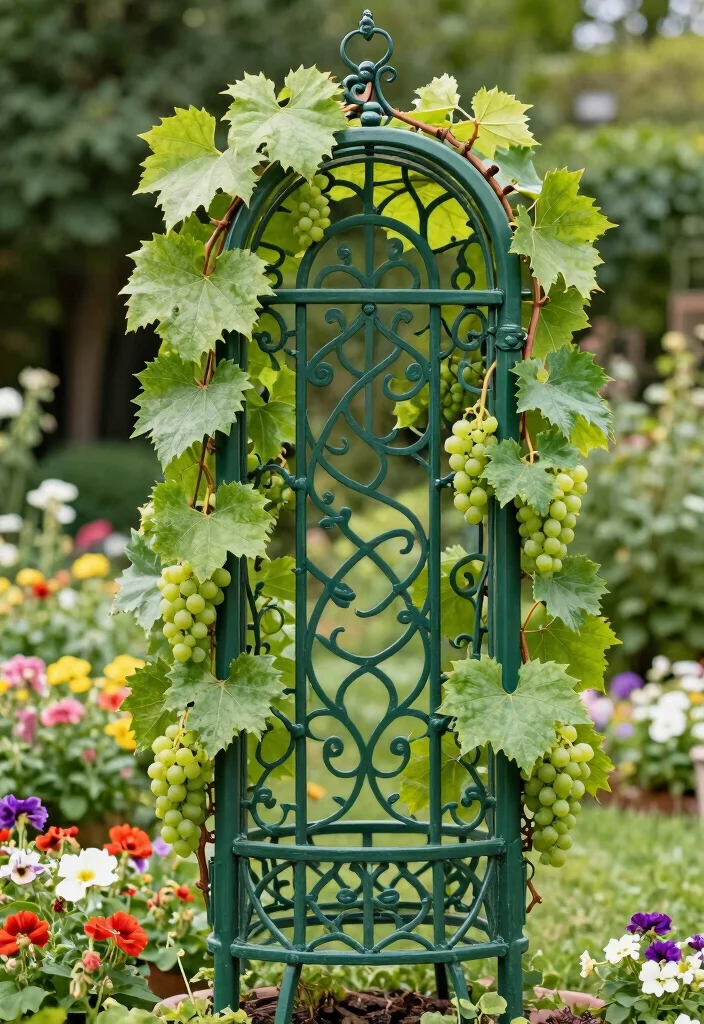 10 Grape Fence Ideas for Productive and Attractive Yards - 4. Decorative Metal Trellis 1