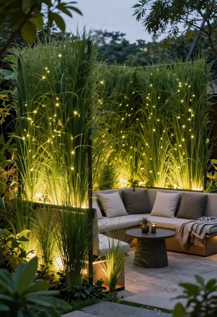 10 Grass Fence Ideas for Soft and Natural Privacy - 7. Grass Panels with Integrated Lighting for Evening Charm 1