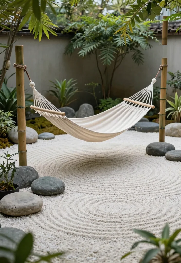10 Hammock Backyard Ideas for Relaxed and Cozy Outdoor Spaces - 5. Zen Garden Hammock 1