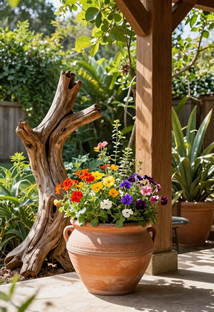 10 Natural Patio Ideas for Organic and Relaxed Outdoor Spaces - 9. Colorful Decorative Elements Using Natural Materials 1