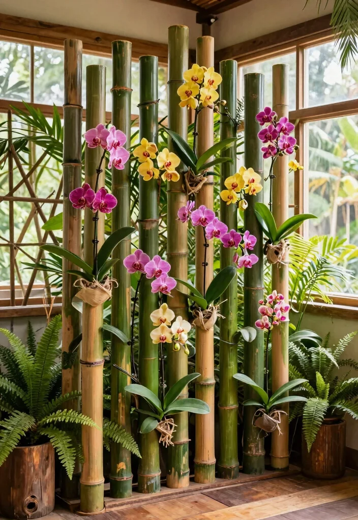 10 Orchid Trellis Ideas for Elegant Vertical Plant Displays 2. Bamboo Vertical Garden 0
