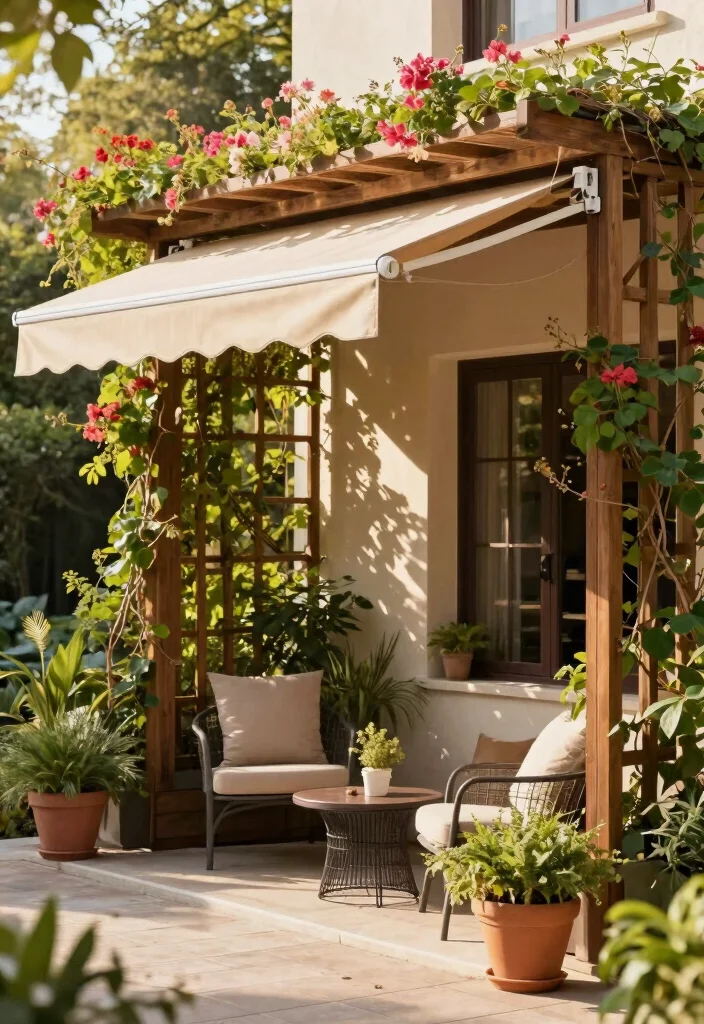 10 Overhead Trellis Ideas to Add Shade and Vertical Interest - 4. Retractable Awning Trellis 1