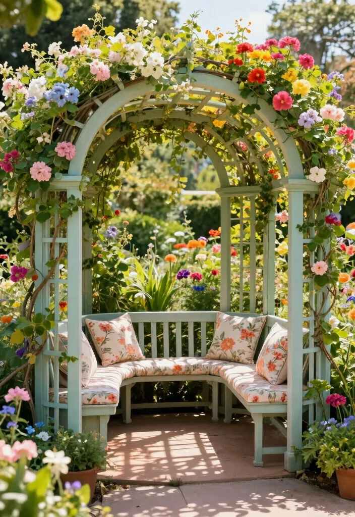 10 Overhead Trellis Ideas to Add Shade and Vertical Interest - 7. Arched Trellis with Benches 1