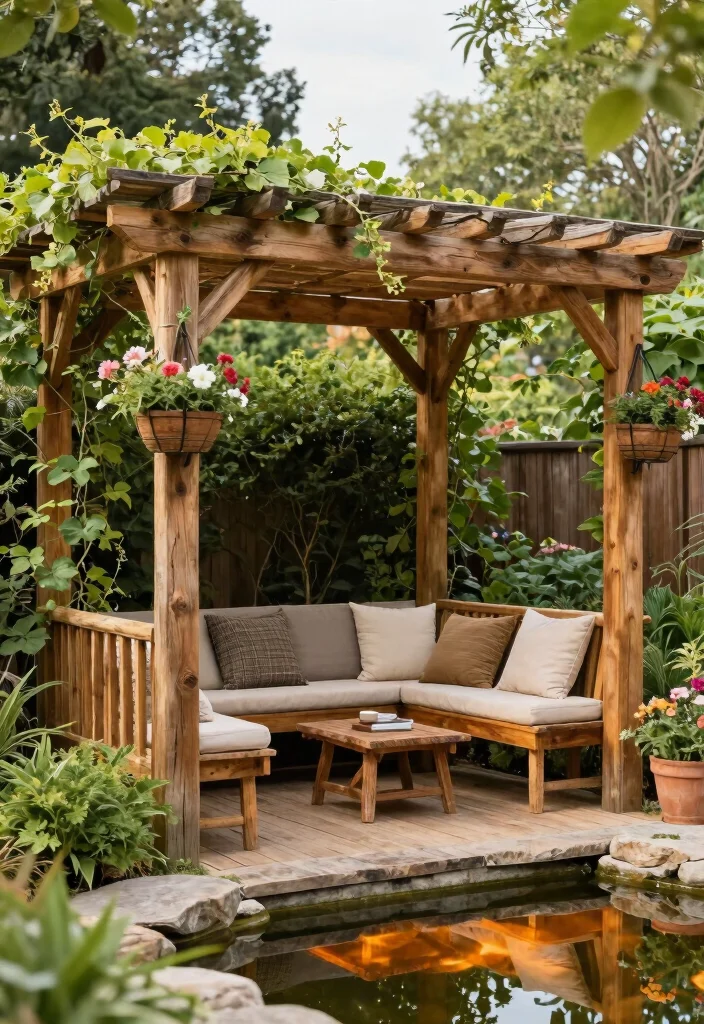 10 Pond Pergola Ideas for Shaded and Serene Water Features - 1. Rustic Wooden Overhead Canopy 1