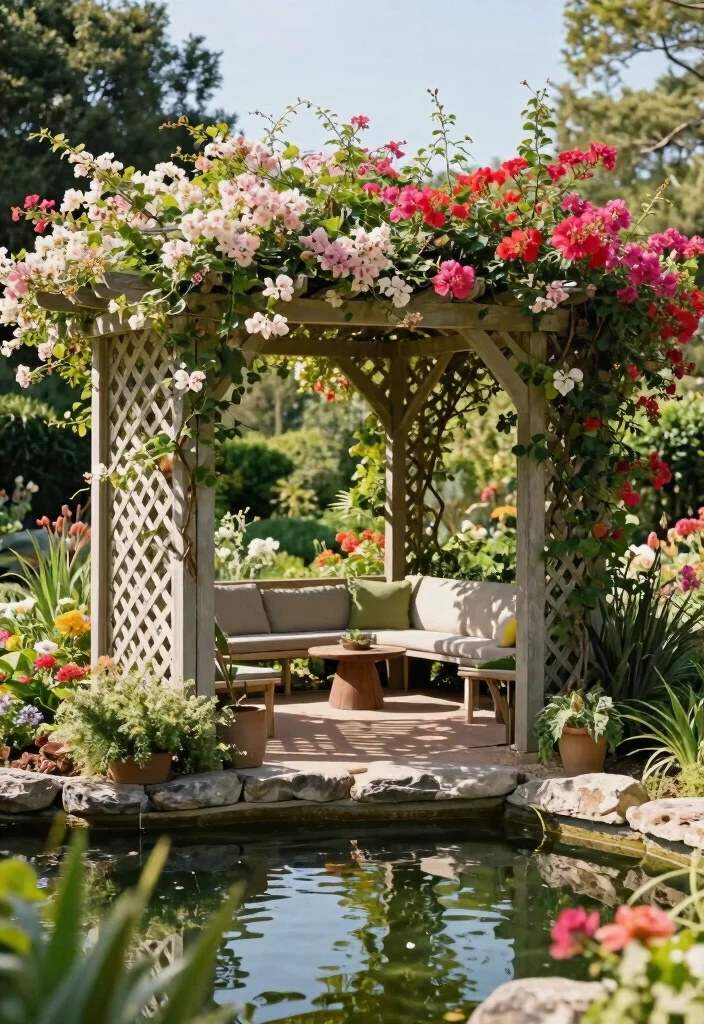 10 Pond Pergola Ideas for Shaded and Serene Water Features - 3. Lattice-Wrapped Pergola 1