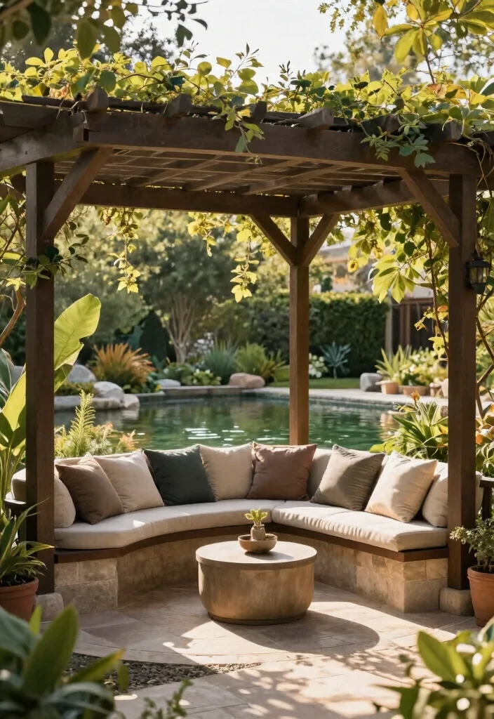 10 Pond Pergola Ideas for Shaded and Serene Water Features - 4. Pergola with Integrated Seating 1