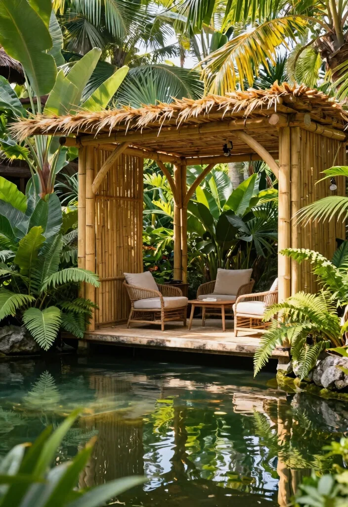 10 Pond Pergola Ideas for Shaded and Serene Water Features - 5. Nature-Inspired Bamboo Pergola 1