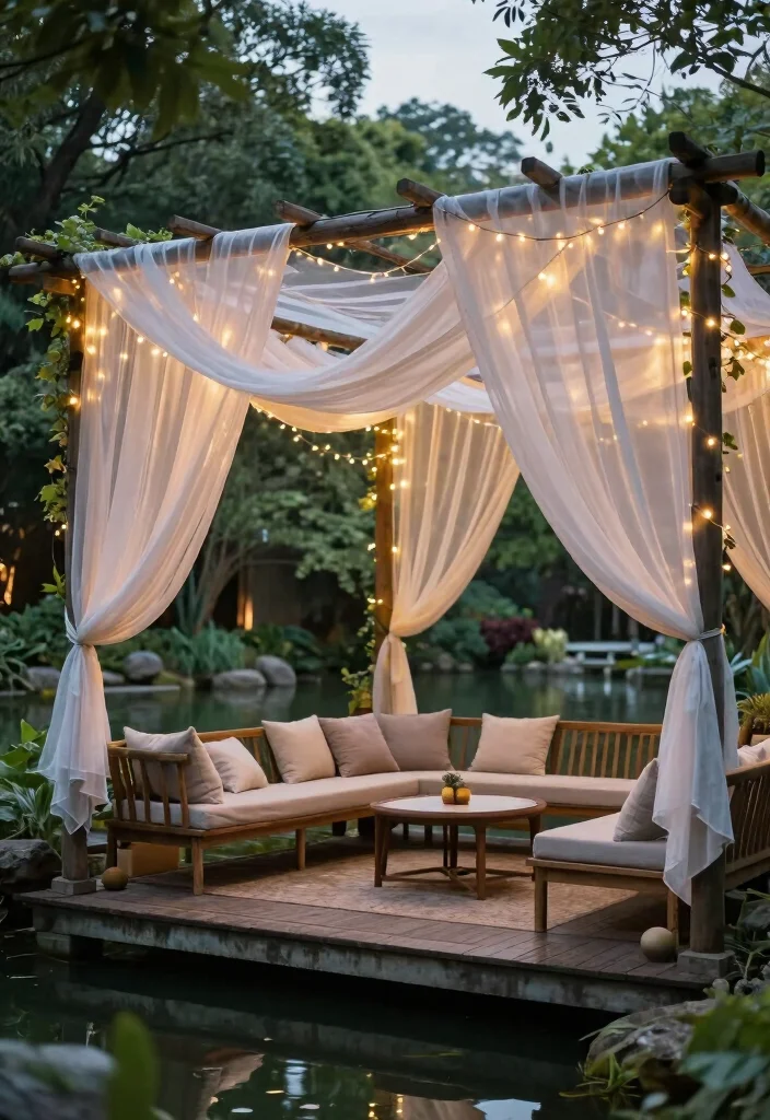 10 Pond Pergola Ideas for Shaded and Serene Water Features - 6. Artistic Canopy with Draped Fabrics 1