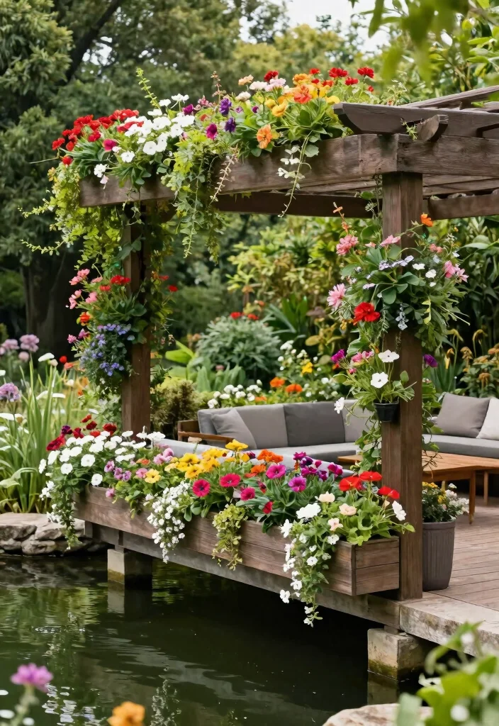 10 Pond Pergola Ideas for Shaded and Serene Water Features - 8. Pergola with Built-in Planters 1