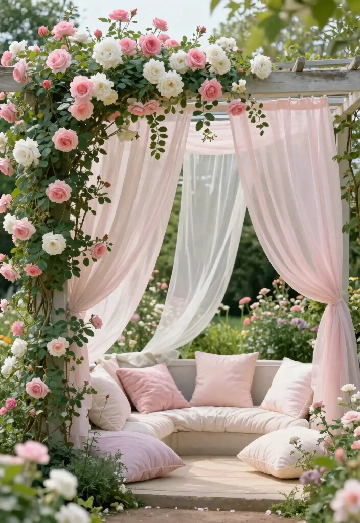10 Rose Pergola Ideas for Romantic Garden Spaces - 3. Cozy Retreat with Draped Fabrics 1