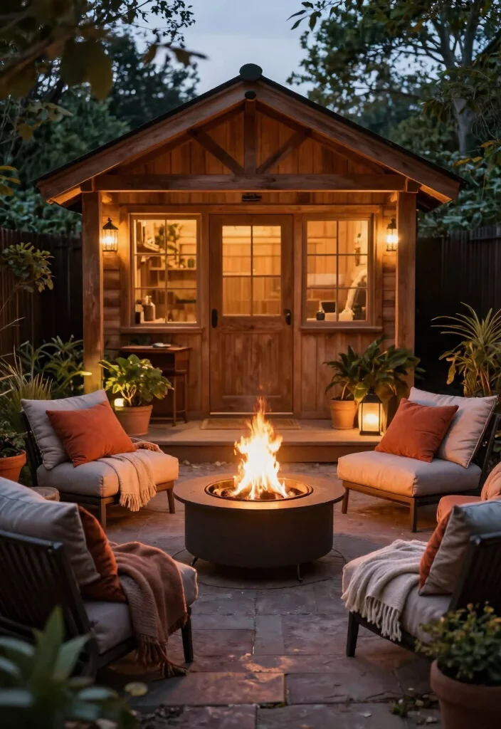 10 She Shed Patio Ideas for Cozy Backyard Retreats - 3. Cozy Fire Pit Vibes 1