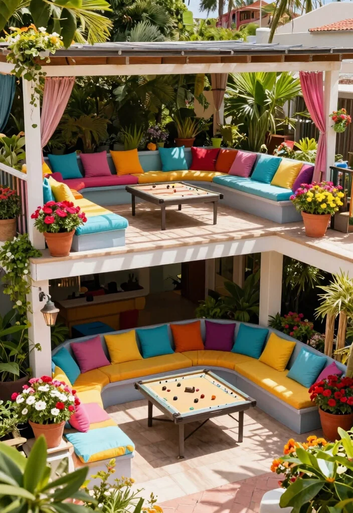 10 Two Level Patio Ideas for Defined Outdoor Living Zones - 10. Colorful Outdoor Lounge 1