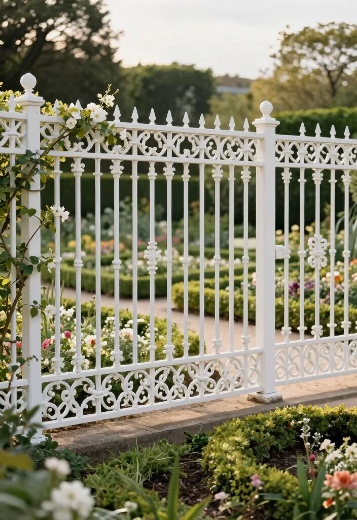 10 White Garden Fence Ideas for Clean and Classic Style - 5. Ornate Wrought Iron Fencing 1