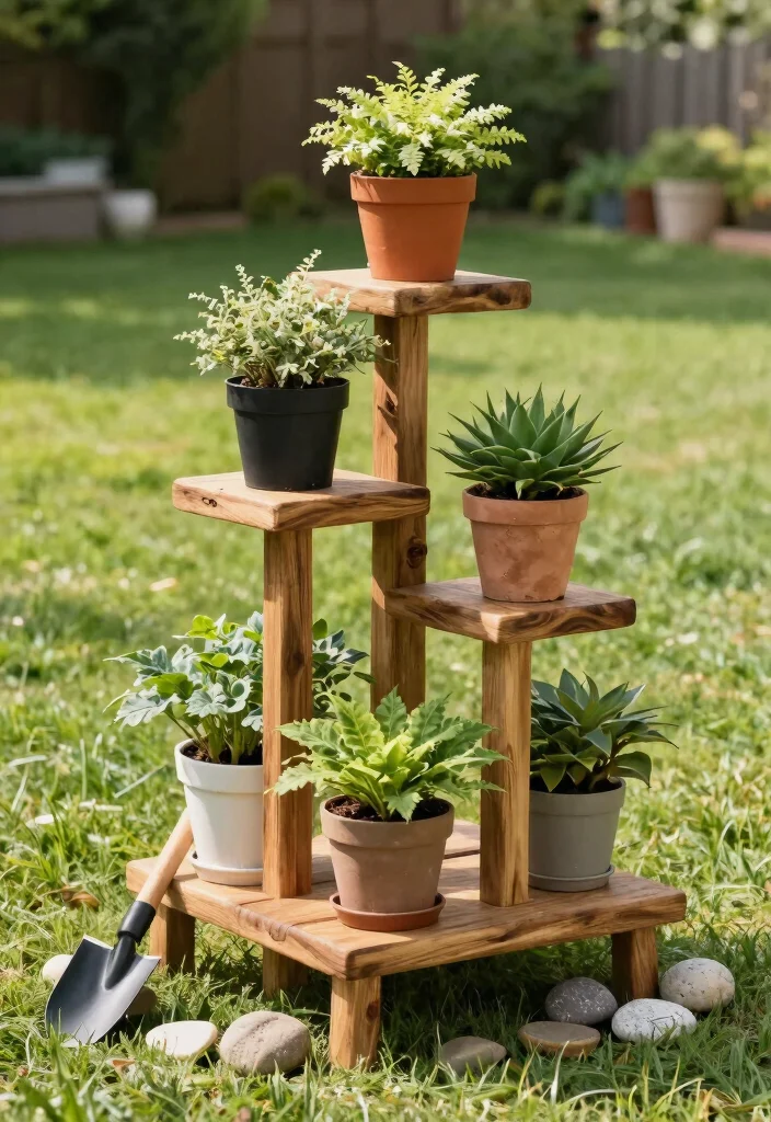 14 Backyard Ideas on a Budget for Easy and Affordable Upgrades 2 14 Backyard Ideas on a Budget for Easy and Affordable Upgrades 2. DIY Plant Stand 0
